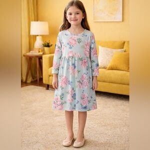 Lil Picks Girl’s Floral Maxi Dress Long Sleeve Light Blue Butterfly Size 8–10Y